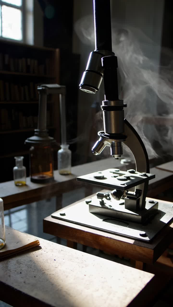 Microscopio d'epoca in un contesto di laboratorio storico