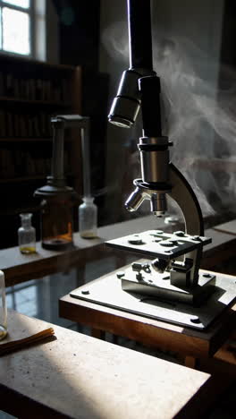 vintage microscope in a historical laboratory setting