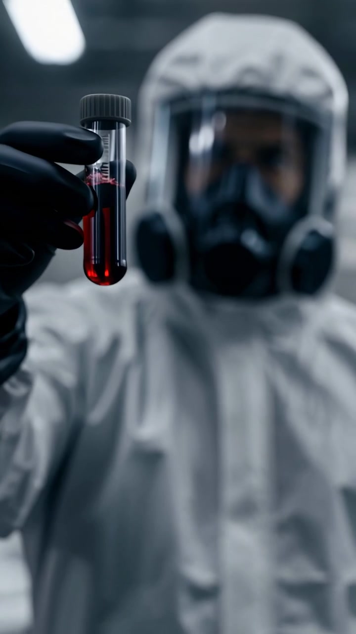 Una tuta protettiva bianca e un respiratore a pieno facciale rimangono visibili dietro una mano guantata di nero che tiene un liquido rosso, mentre l'inquadratura si stringe dall'interno del laboratorio a una vista ravvicinata del campione.
