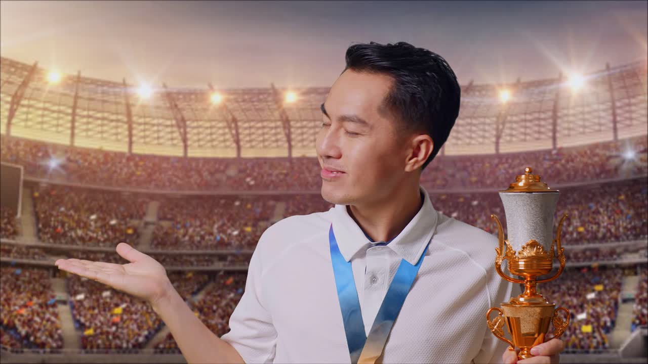 금메달을  아시아 남자가 손에 금 트로피를 들고 웃으며 경기장을 가리키고 있다.