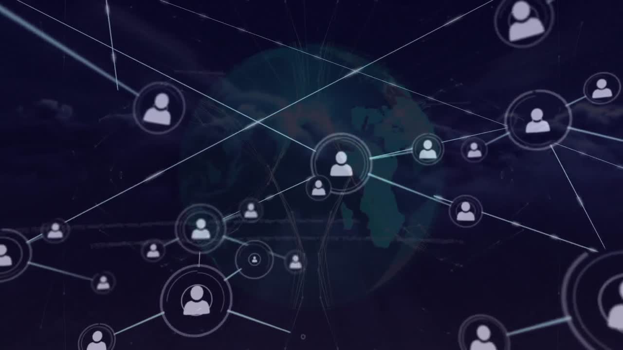 animación de redes de conexiones con iconos y globo sobre el cielo