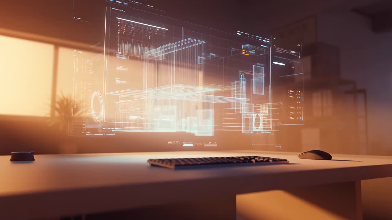 Holographic Architectural Design Display on a Modern Office Desk