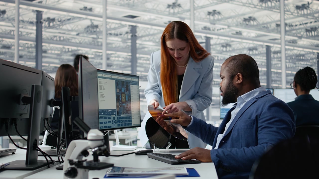 Man and woman examining semiconductor substrate in microchip research office