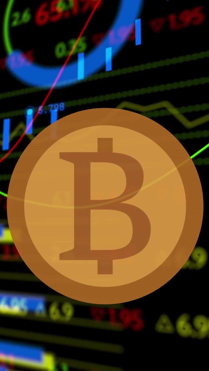 Animazione di bitcoin su elaborazione di dati finanziari su sfondo nero