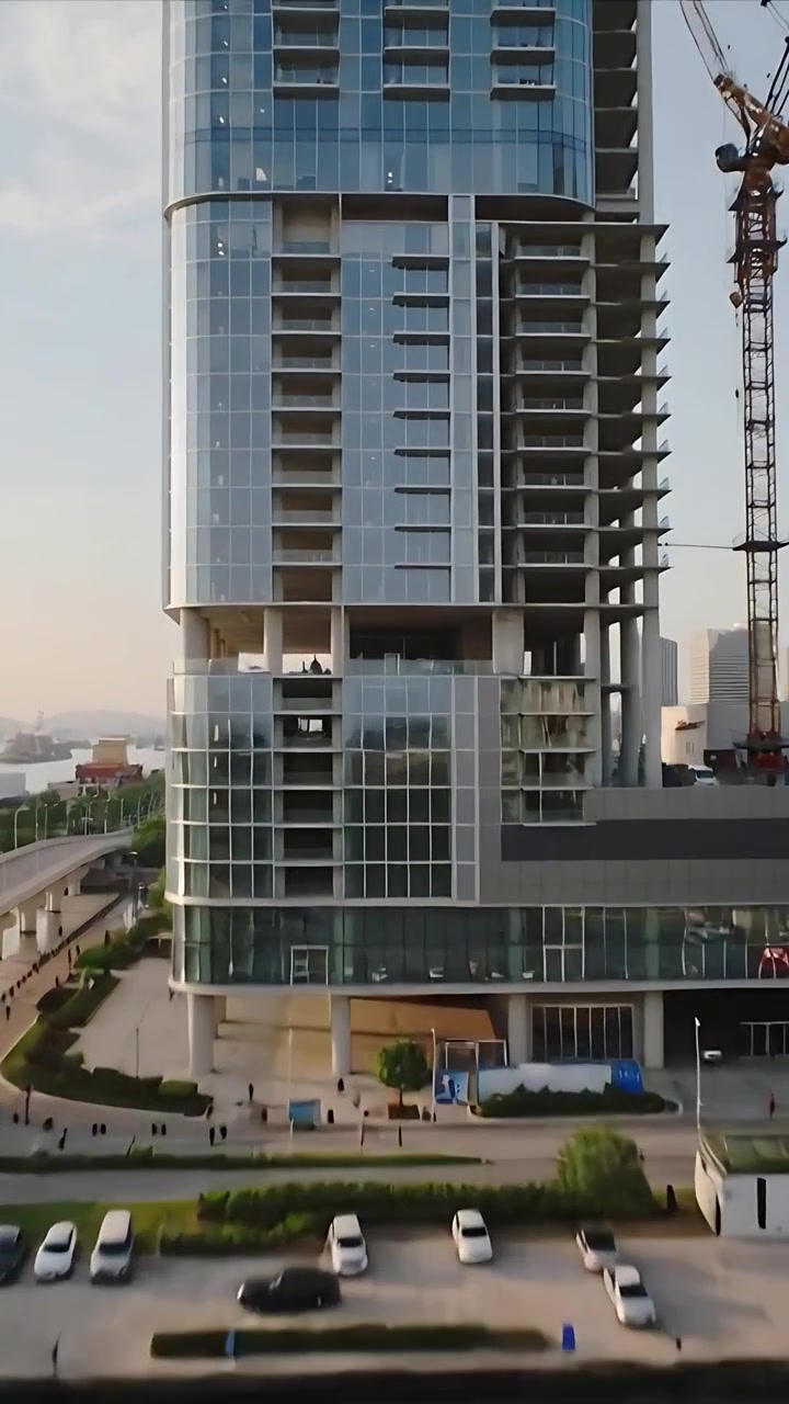 Video vertical: Dron acercándose a una torre sobre un paseo marítimo, revelando balcones y una grúa