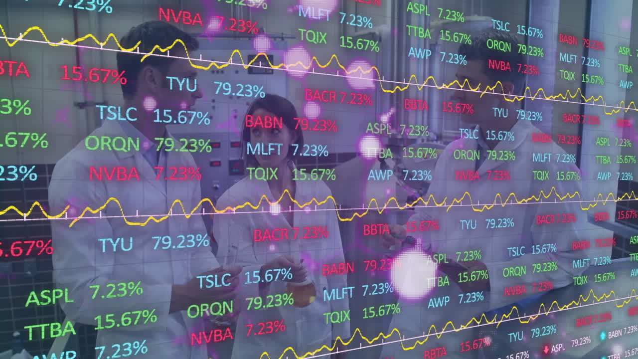 In office, diverse businesspeople discussing with stock market data and graphs overlaying
