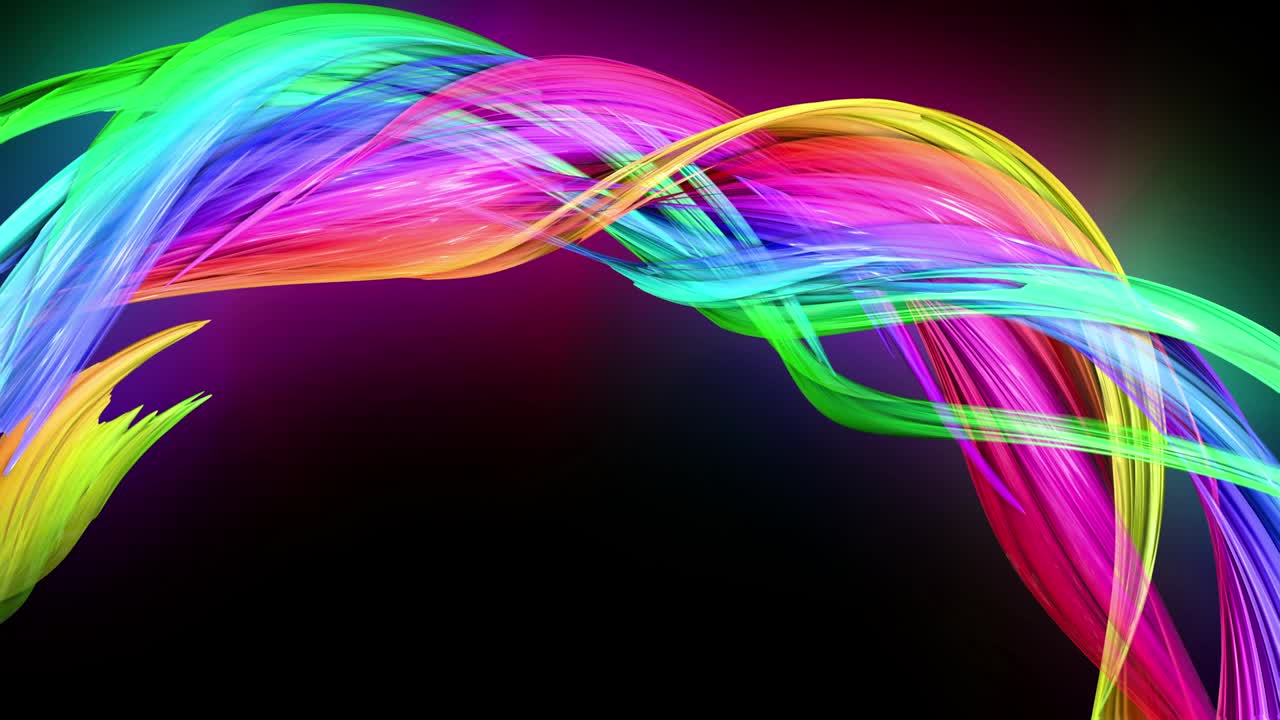 검은색 배경에 네온 빛을 가진 투명한 색상의 선. 모션 그래픽 3d 루프 배경과 다채로운 다채로운 무지개 리본. 모션 디자인 스타일의 아름다운 원활한 배경.