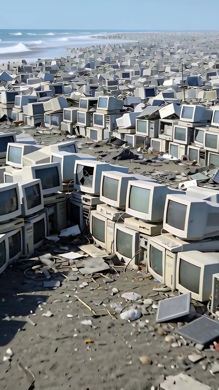 Video verticale: Allontanandosi, la telecamera rivela pile e torri di schermi CRT su una spiaggia sabbiosa, mostrando rifiuti elettronici.