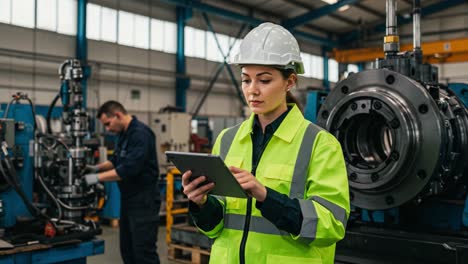 a focused worker in a safety helmet and bright jacket examines data on a tablet in a busy industrial workshop, showcasing the integration of technology with engineering work.