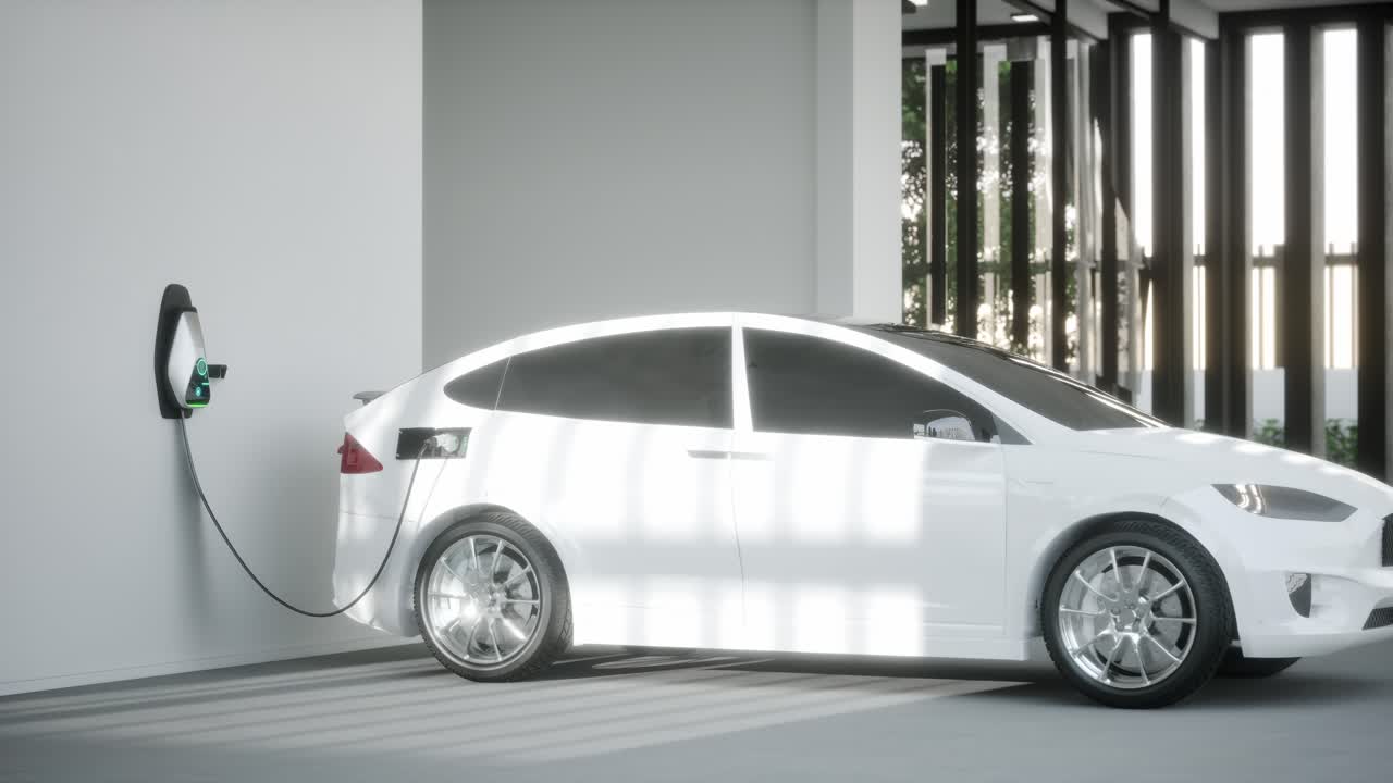 차고에서 전기 자동차 suv 충전 3d 애니메이션