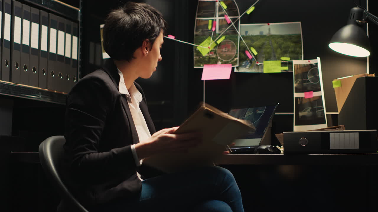 Investigator working in a dark office