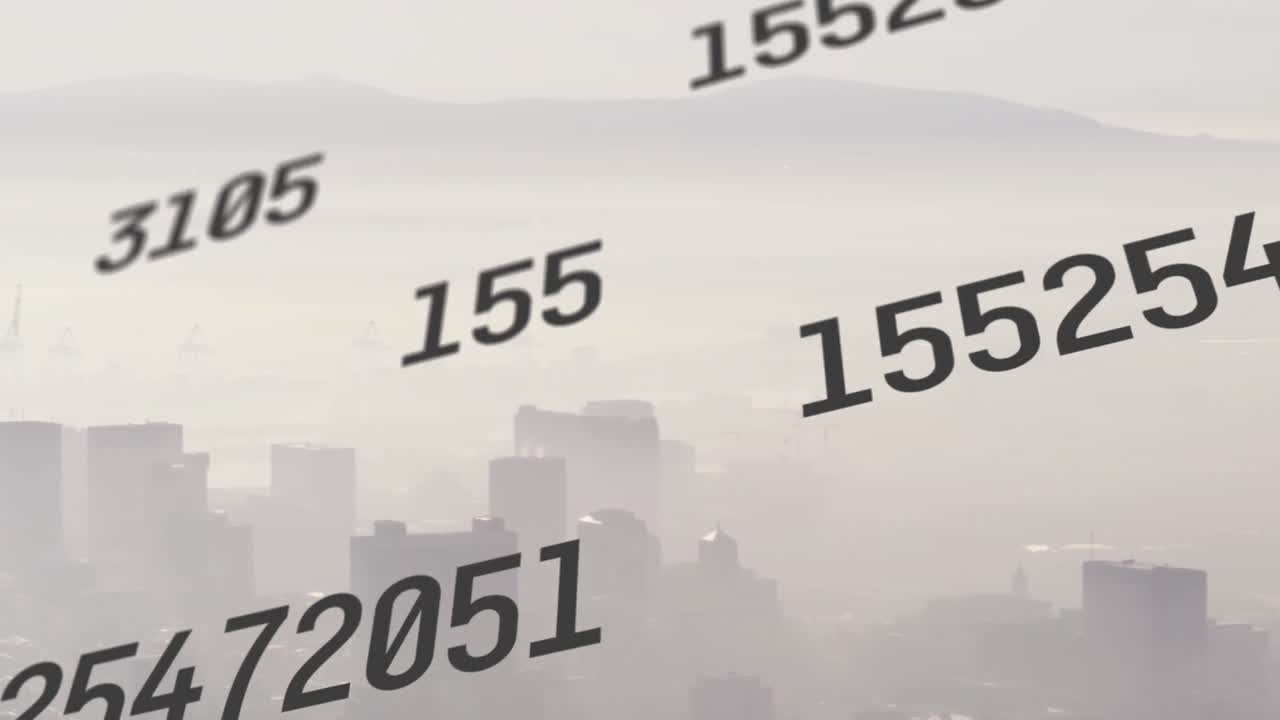 도시 풍경 위의 숫자 애니메이션과 데이터 처리