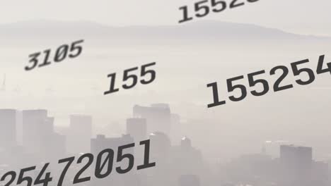 animation of numbers and data processing over cityscape