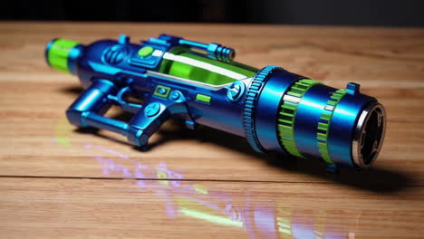 futuristic blue and green toy gun on wooden table
