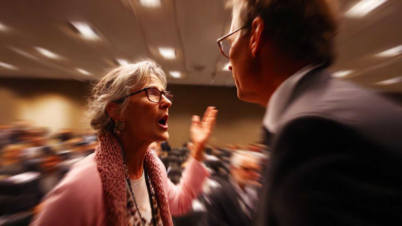 A Heated Discussion Unfolds in a Conference Room as Two Participants Engage in a Passionate Exchange Amidst a Captive Audience of Attentive Listeners