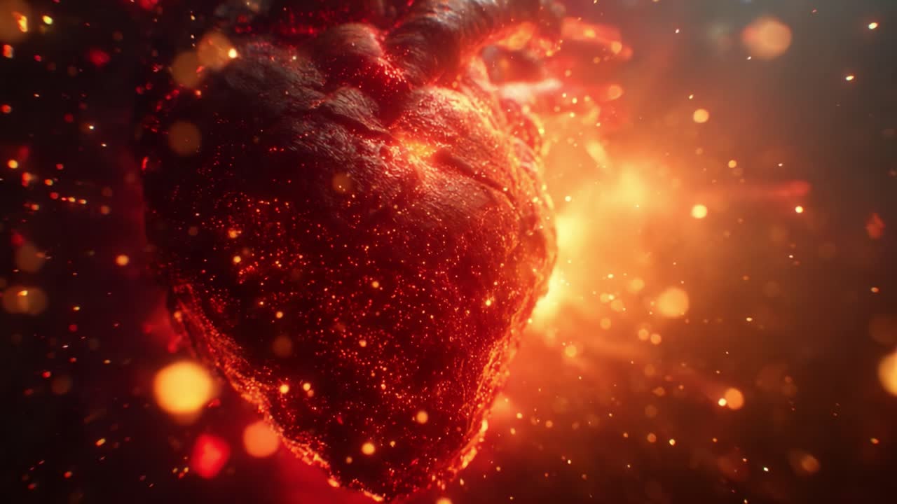 A captivating visual exploration of a glowing heart, pulsating with fiery energy and intricate details, evoking themes of emotion, passion, and vitality in an abstract setting