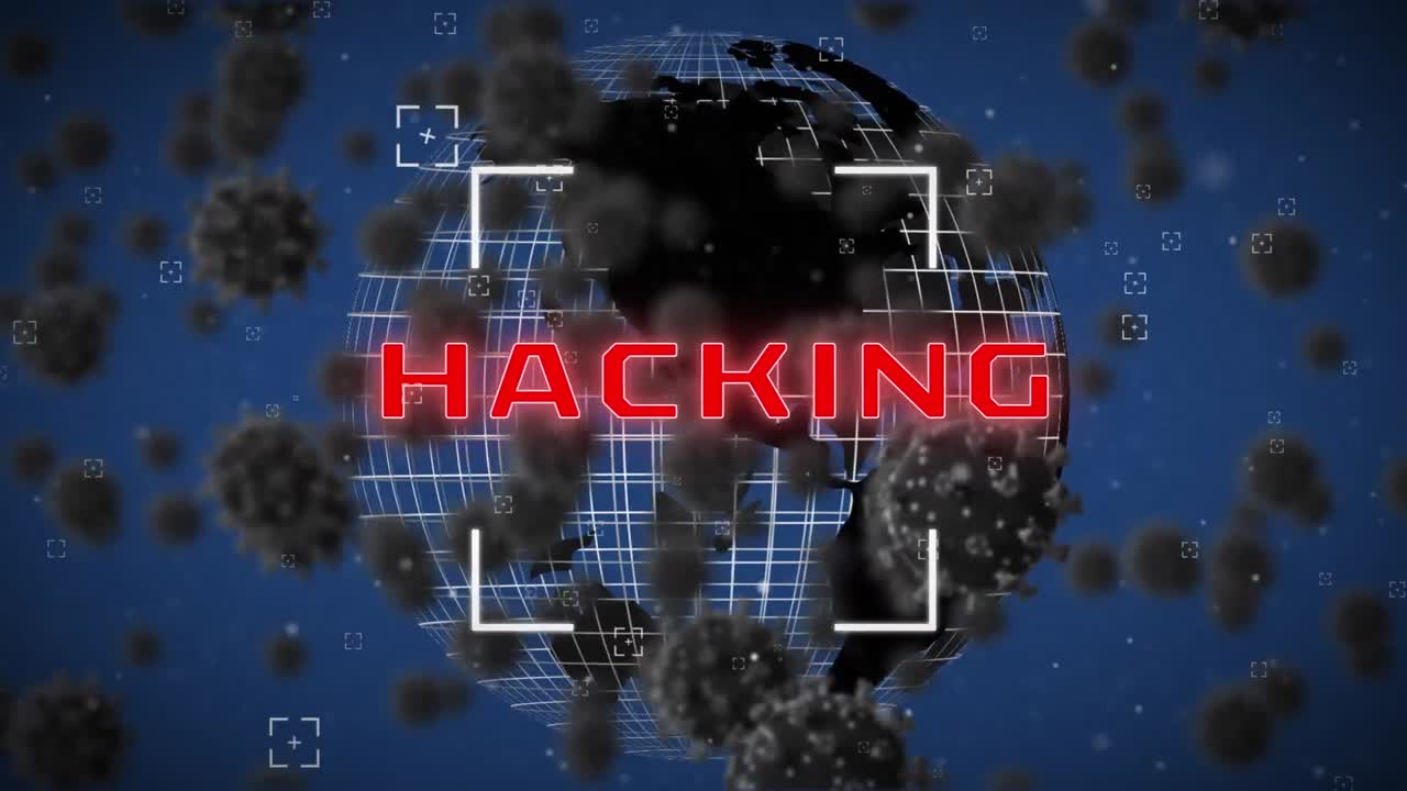 animazione di hacking sul globo che ruota su sfondo blu con virus