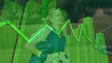 goalkeeper catching soccer ball with green financial graph animation overlay