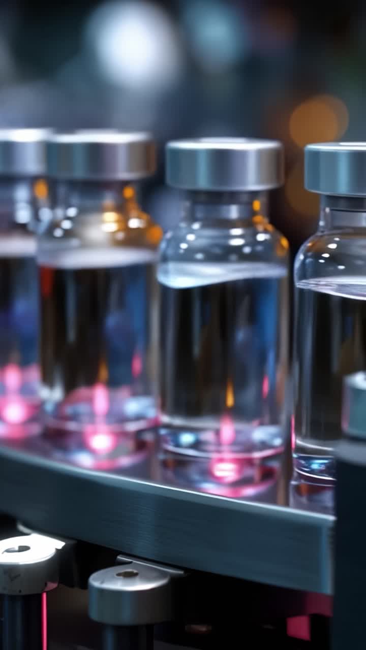 Production Line of Clear Vaccine Vials Moving on a Conveyor Belt with Modern Filtration Technology in a High-tech Laboratory Setting