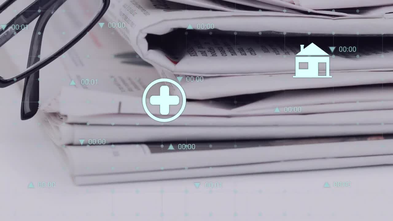 animación de múltiples símbolos, números cambiantes, puntos conectados que forman una cuadrícula sobre los periódicos.
