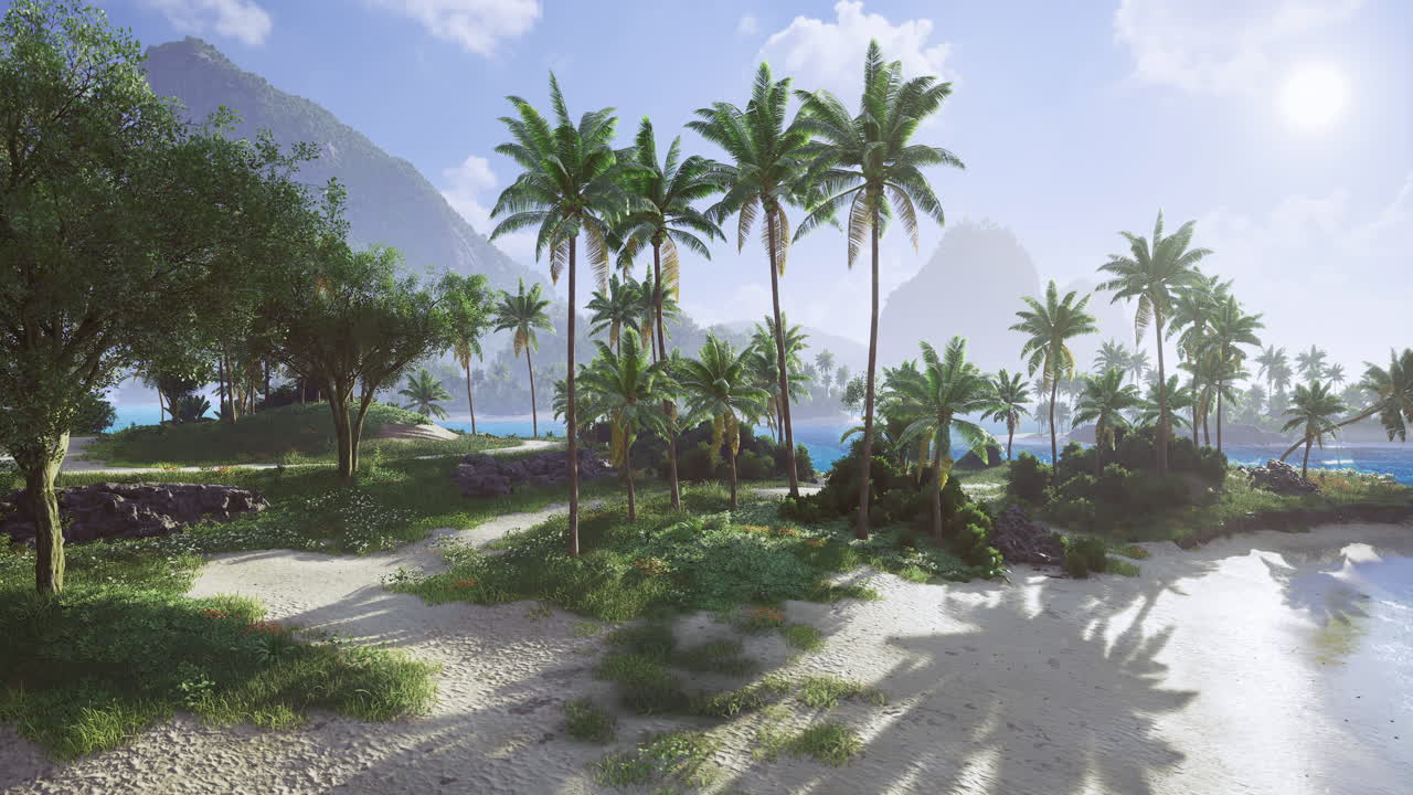 Lush tropical landscape with palm trees on a sunny beach