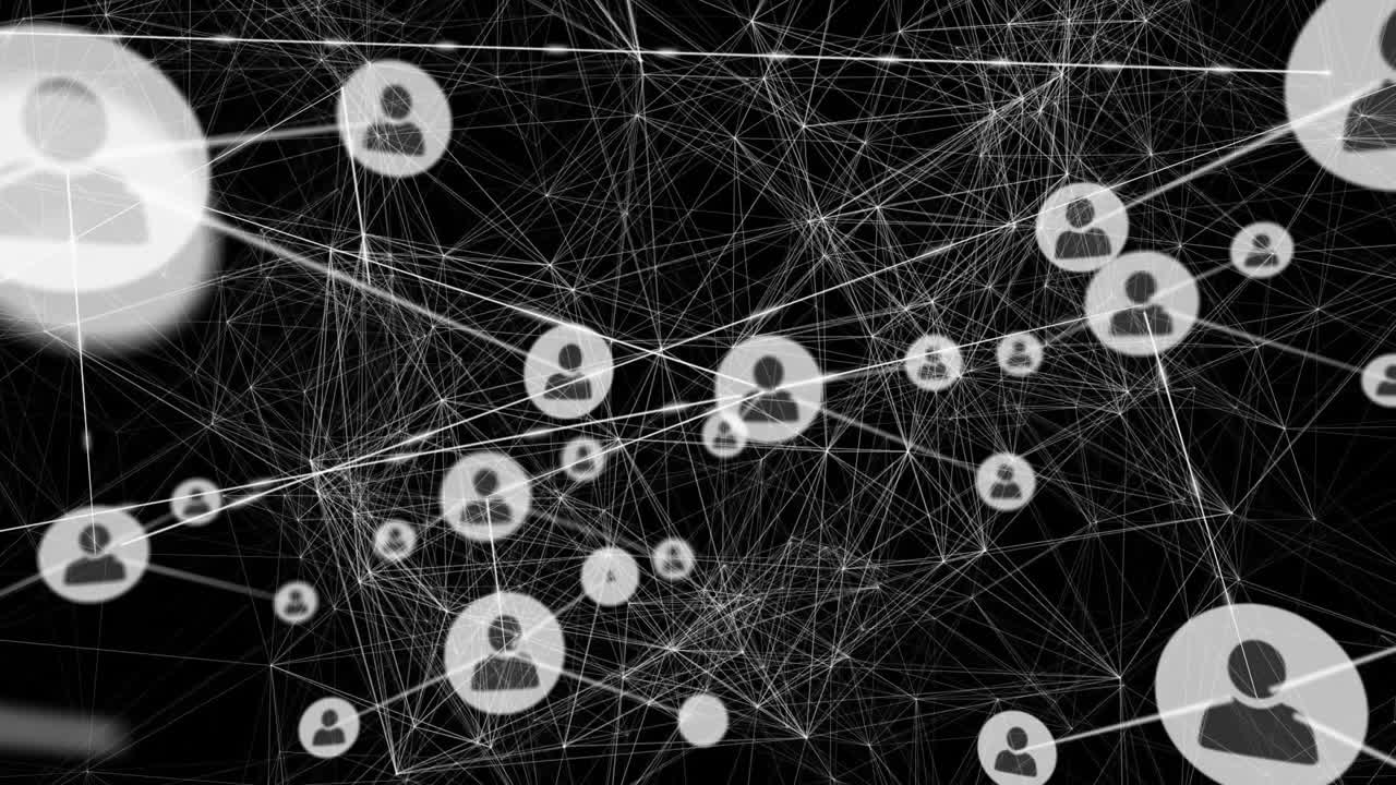 animación de la red de conexiones y iconos de usuario sobre fondo negro