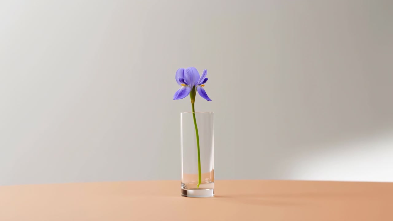 Iris viola in bicchiere su tavolo beige sotto luce soffusa da studio, stelo singolo eretto in acqua limpida, delicato