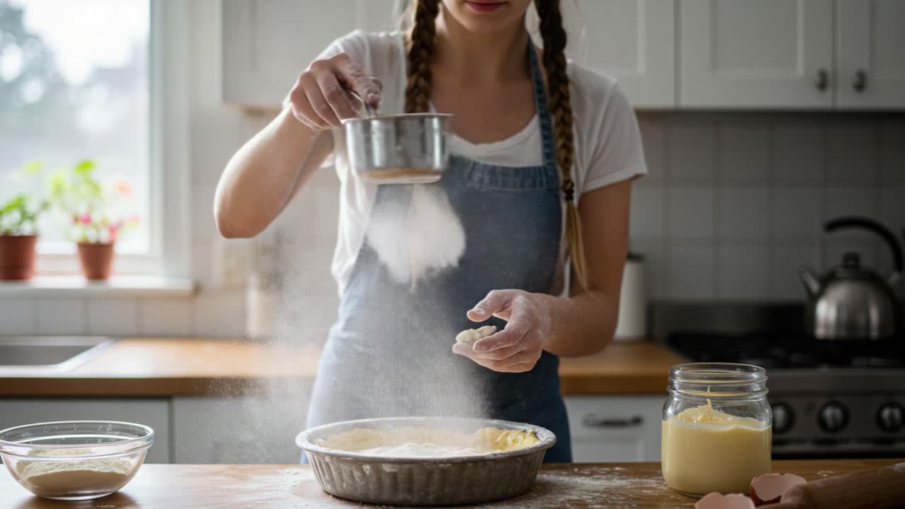 A Passion for Baking: Capturing the Art of Dusting Flour Over a Delicious Homemade Pie in a Cozy Kitchen Environment
