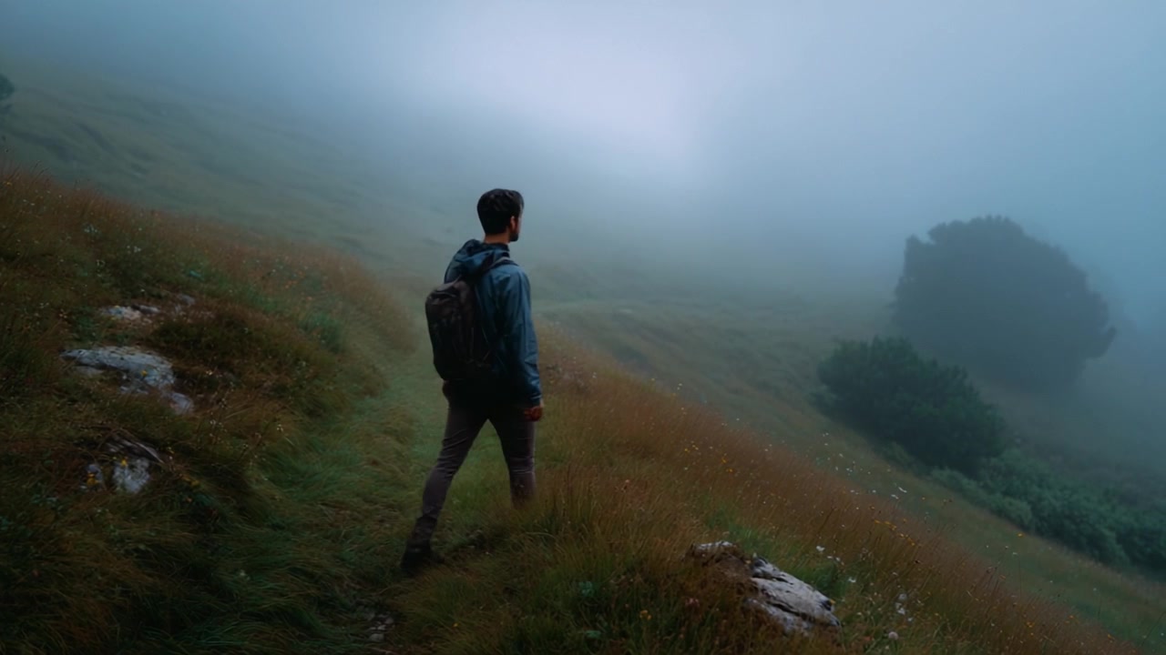 A solitary traveler gazes into the misty landscape, surrounded by fog and greenery, contemplating the serene beauty of nature in a tranquil environment.