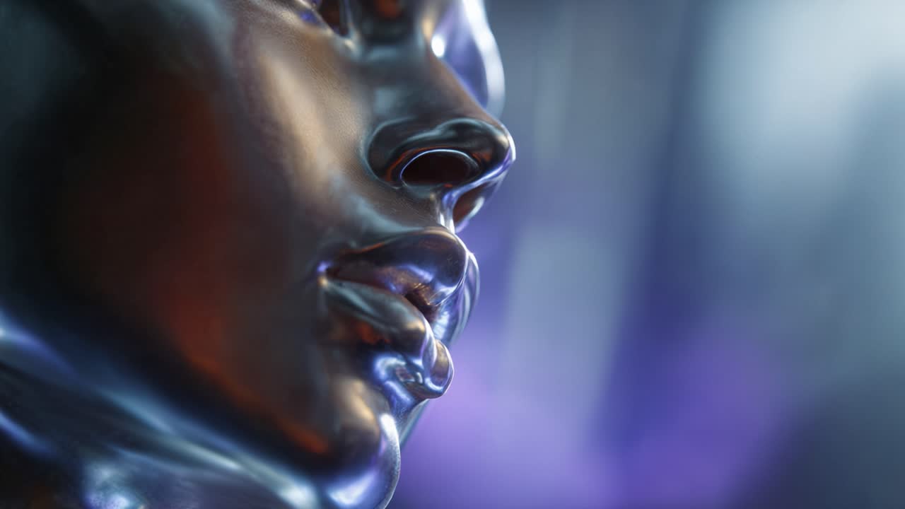 Close-Up of a Glossy Metallic Figurine's Face Emphasizing Intricate Features and Reflective Surface Under Ambient Lighting