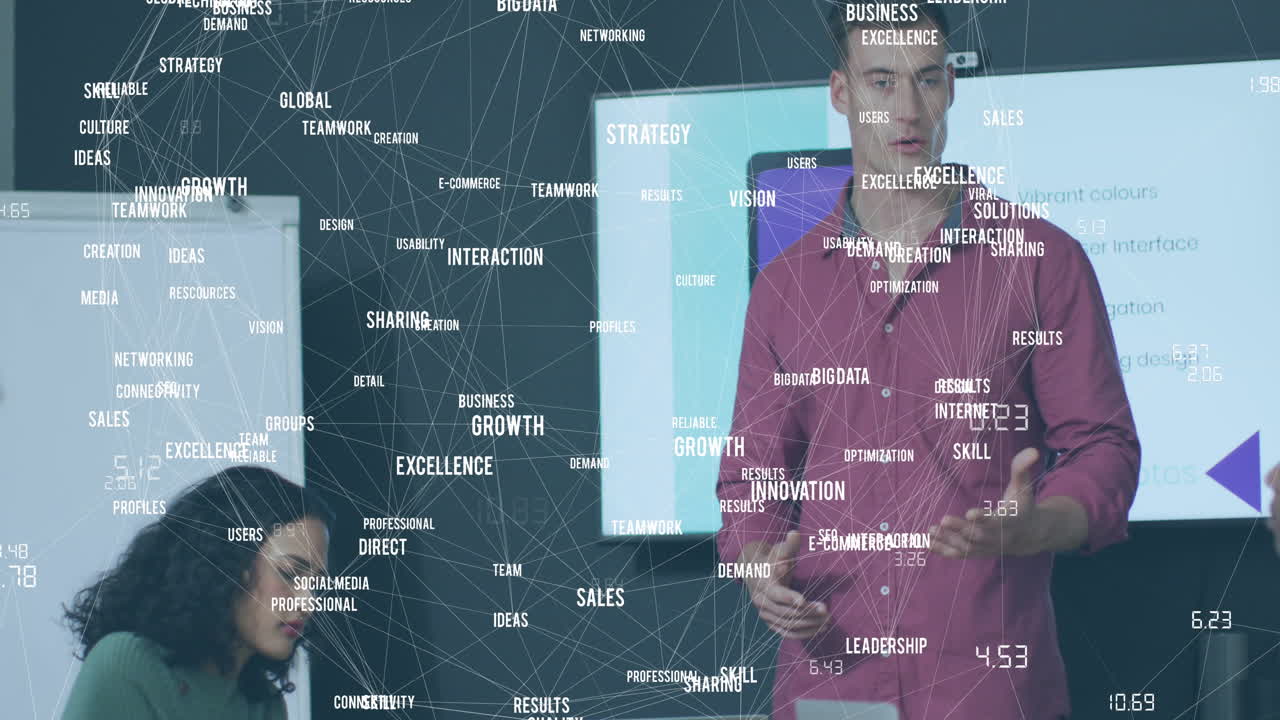 animación de textos de negocios sobre diversas personas de negocios en la oficina