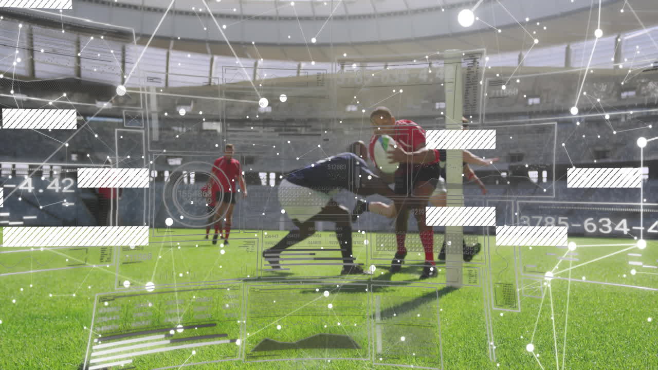Rugby players tackling on field with data processing animation overlay