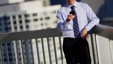 portrait of ethnic businessman using technology on rooftop