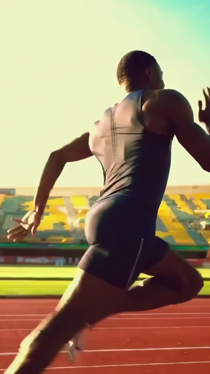 Dynamic low-angle video of a sprinter on a track, capturing motion and athleticism