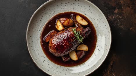 gourmet roasted duck with potatoes and rich gravy on plate