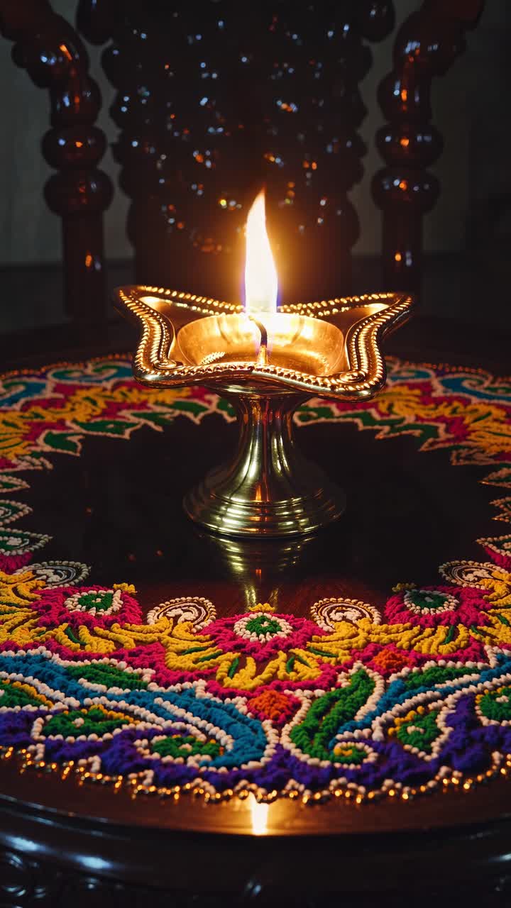 Um ângulo de vídeo em close-up captura uma lâmpada de latão acesa sobre um design Rangoli vibrante e complexo