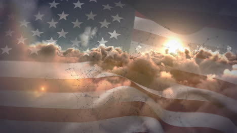 sunlight breaking through clouds, american flag animation overlaying sky scene