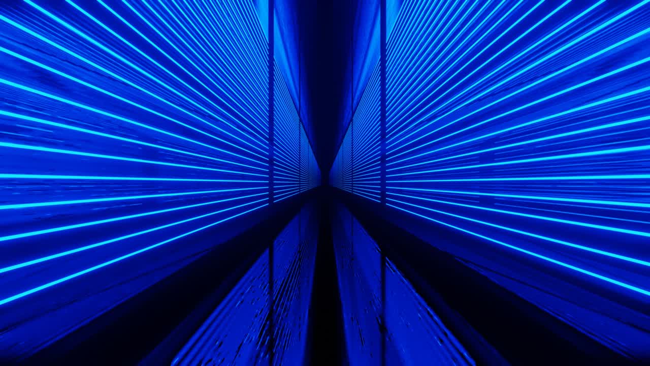 빛나는 파란색 선. 4k 원활한 루프 애니메이션. 네온 패턴으로 거울 터널을 날아, 빛나는 선은 sf 패턴을 형성합니다. 밝은 반사 네온 빛. 간단한 밝은 배경, sf 구조.
