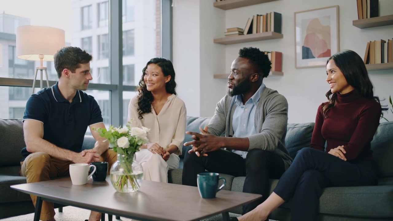 Starting speaker in cardigan gesturing and speaking, group in casual sharing on sofa with vase