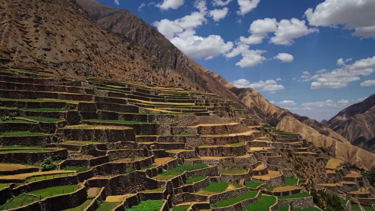 Aerial video of ancient terraced fields on a mountain slope under a bright blue sky with clouds