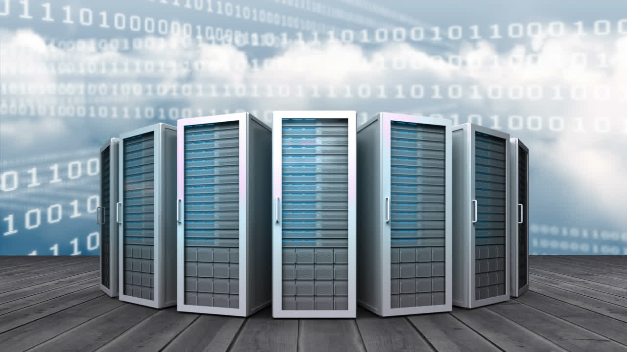 row of blue servers and abstract binary lines