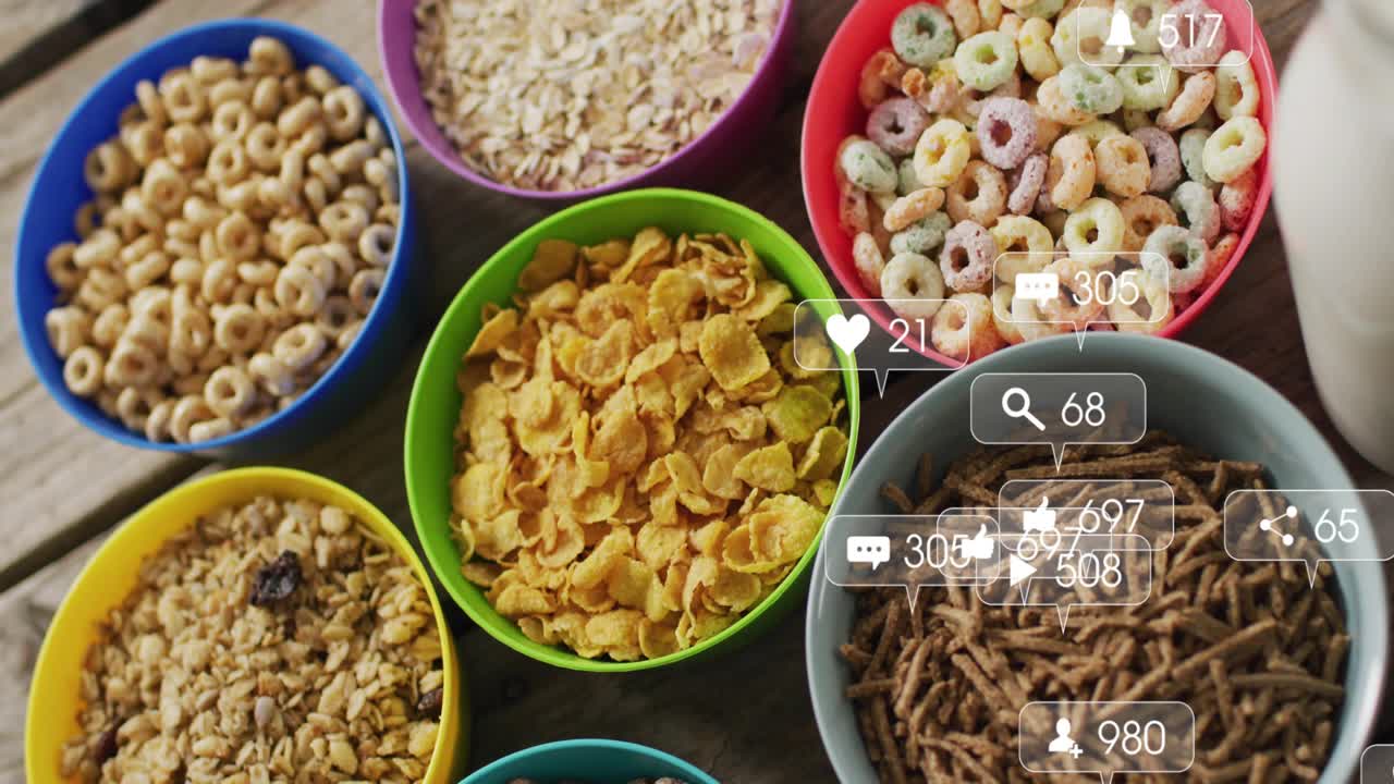 Overhead cereal bowls receiving fade in icons as counts fluctuating and showing audience engagement