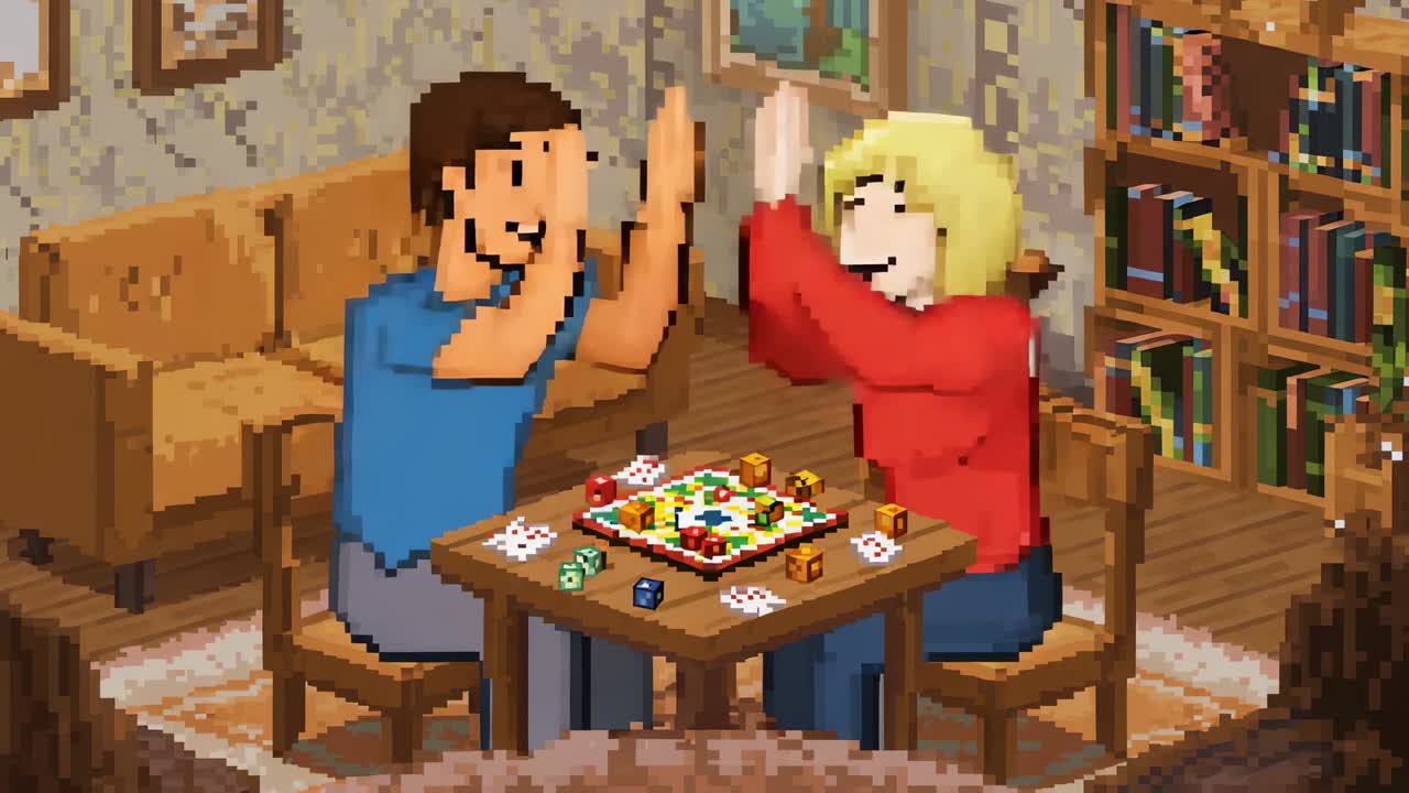 Coppia che si dà il cinque, vestita di blu e rosso, che esulta per la vittoria e indica il gioco da tavolo a casa