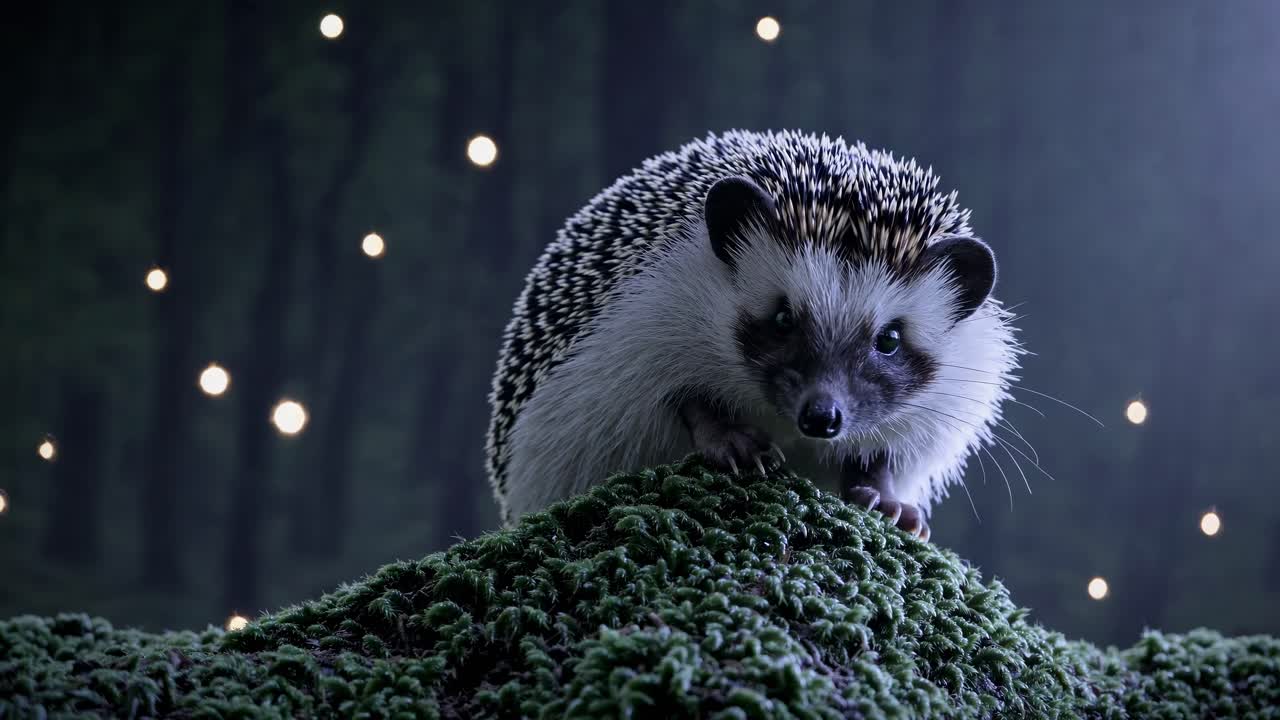 A low-angle video shot of a hedgehog on moss, surrounded by glowing lights in a mystical forest