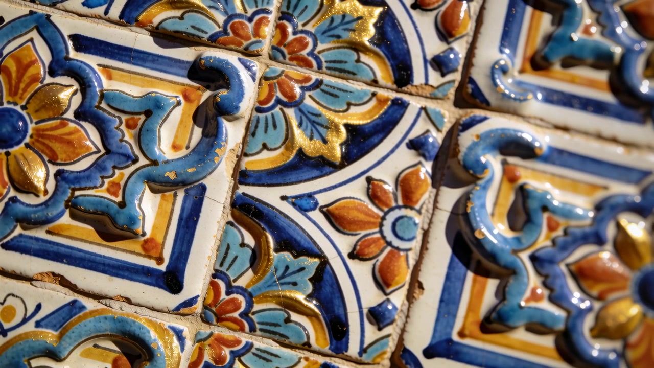 Pohybující se kamera odhaluje detailní pohled na glazované keramické dlaždice na stěně, ukazující vystouplé ornamenty a spáry.