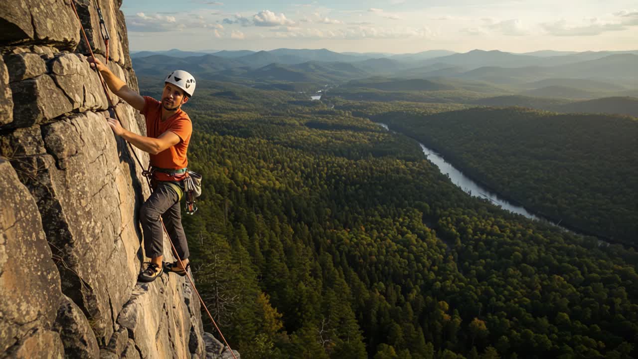 An Adventurous Climber Conquers Vertical Rock Faces in a Beautiful Mountainous Landscape Surrounded by Lush Forests and a Meandering River Under a Clear Sky
