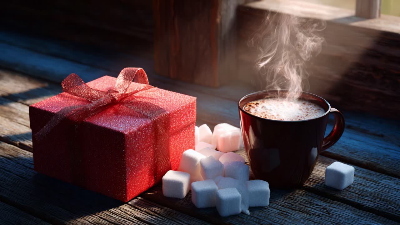 A Warm Cup of Comfort: A Steaming Mug of Hot Beverage Beside a Festively Wrapped Gift Box Surrounded by Sugar Cubes, Illuminated by Gentle Natural Light
