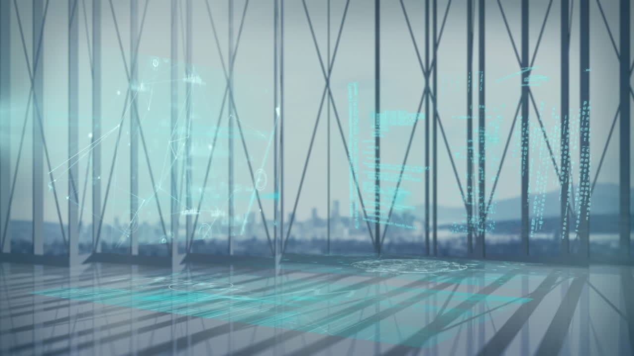 현대적인 건물과 도시 풍경에 대한 데이터 처리 애니메이션