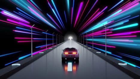 Animación-De-Rayos-De-Luz-Azules-Y-Rosas-Parpadeantes-Y-Automóviles-Futuristas-Conduciendo-A-Través-Del-Túnel