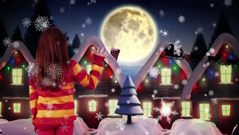 Animation-of-santa-claus-in-sleigh-with-reindeer-over-girl-and-christmas-houses-in-winter-scenery